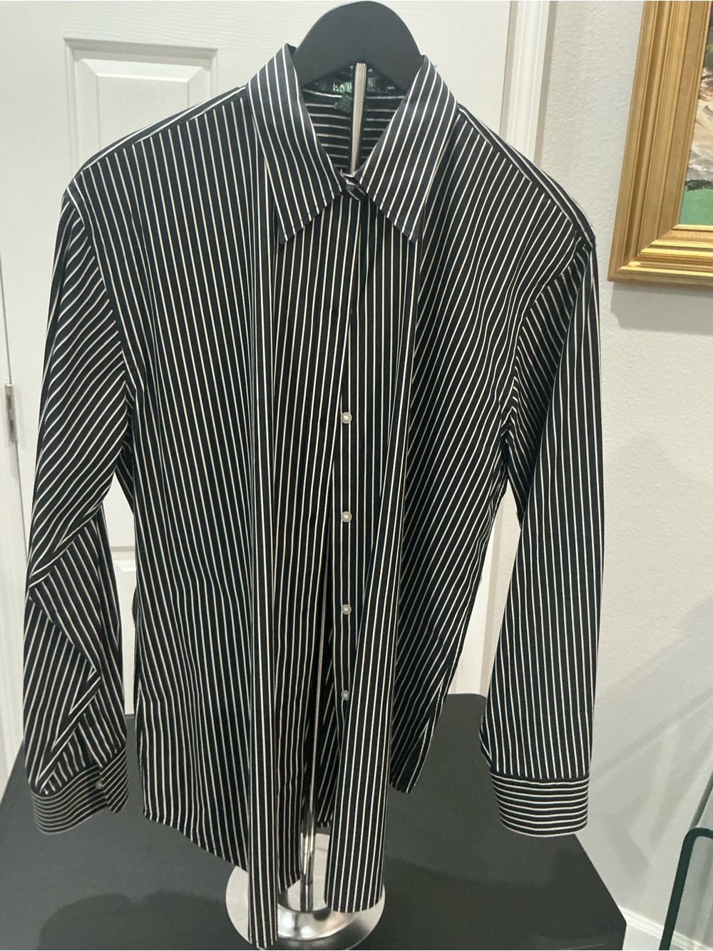 Lauren Ralph Lauren women’s large black/white pinstripe, button-down cotton shir